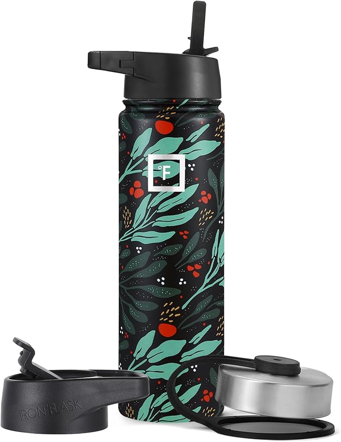 IRON °FLASK Sports Water Bottle - Wide Mouth with 3 Straw Lids - Stainless Steel Gym & Outdoor Bottles for Men, Women & Kids - Double Walled, Insulated Thermos, Metal Canteen - Lush Leaf, 22 Oz