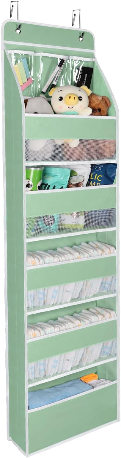 Univivi Over Door Organizer Baby Door Storage Wall Mount Storage with 3 Small PVC Pockets and 5 Large Pockets Ideal for Baby Stuff, Toiletries and Sundries (Green)