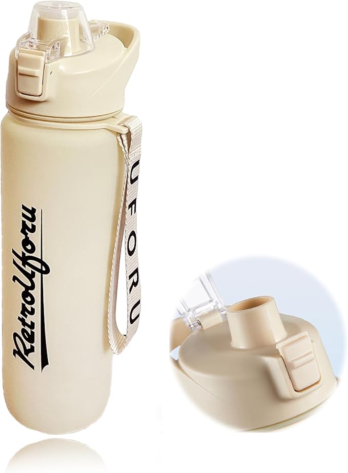 DEARART 32oz Water Bottle With Motivational and Time Marker, BPA FREE Quick Drink No Straw, Easy Clean Suit Sports Office Gym School, Cream&White