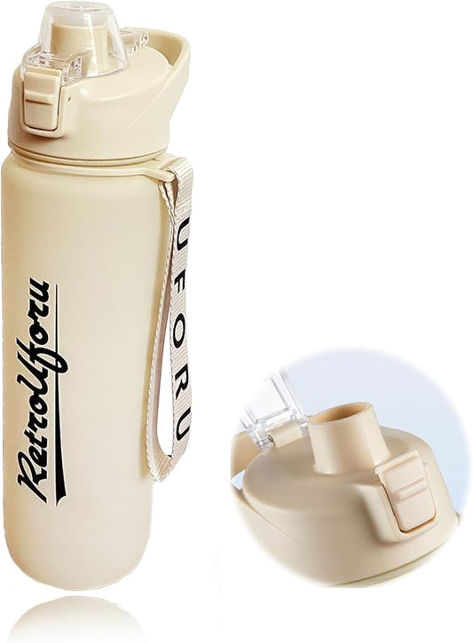 DEARART 32oz Water Bottle With Motivational and Time Marker, BPA FREE Quick Drink No Straw, Easy Clean Suit Sports Office Gym School, Cream&White