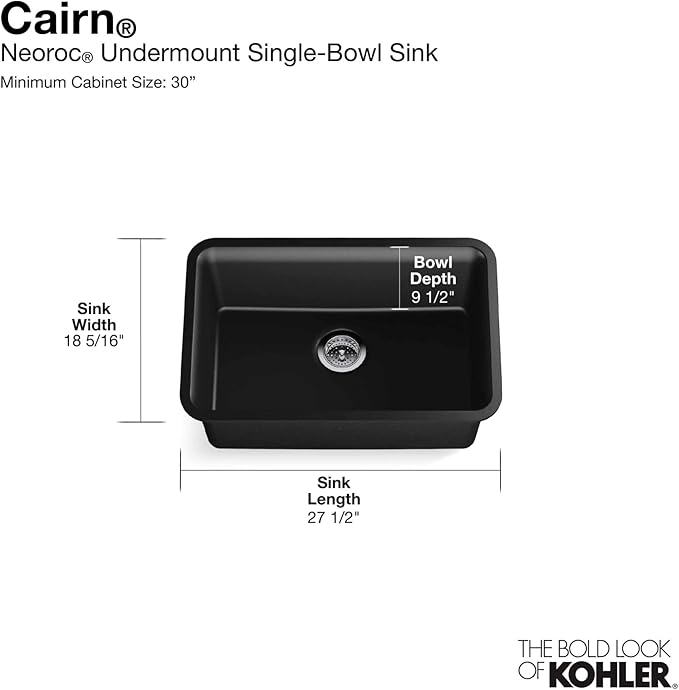 KOHLER K-28000-CM6 Cairn 27.5" Neoroc Composite Undermount Single-Bowl Kitchen Sink, Composite Kitchen Sink with Sink Rack, Matte White