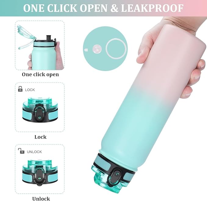 GOPPUS 32 oz Sports Water Bottle 1 Liter Double Wall Insulated Stainless Steel Water Bottles with Straw Lid Reusable Leak proof Metal water bottles with Strap Handle(Green Pink 1 lid)