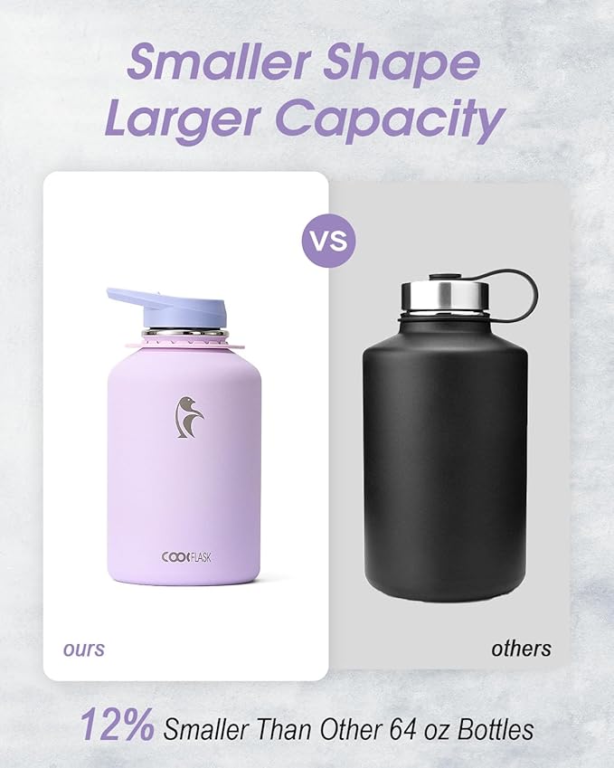 Coolflask Half Gallon Water Bottle with Strap, 64oz Insulated Water Jug Stainless Steel with Straw & Spout Lids, Metal Large Water Flask, Keep Cold 48h Hot 24h, Leak Proof & Non-BPA, Lavender