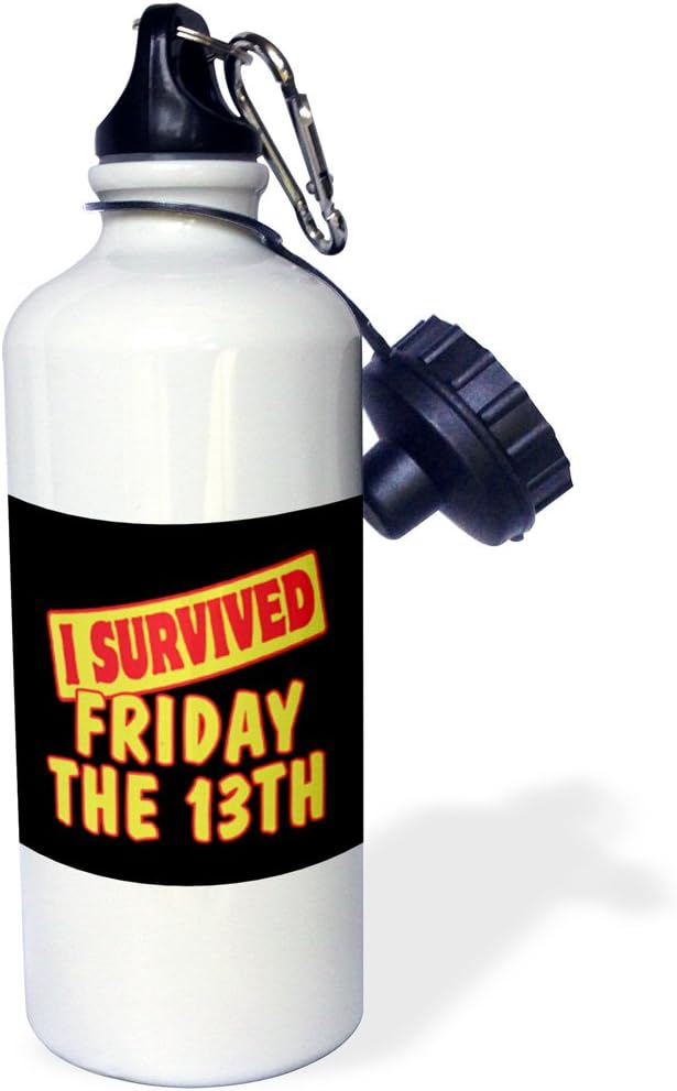 3dRose "I Survived Friday The 13Th Survial Pride And Humor Design" Sports Water Bottle, 21 oz, White