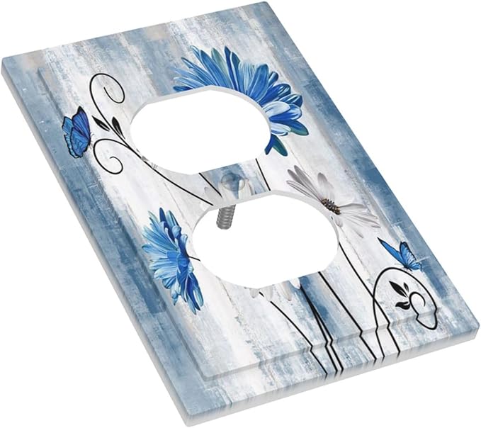 Rustic Teal Blue Daisy Floral Single Duplex Wall Plate Covers Light Switch Cover 1 Gang Outlet Plate Decorative Switchplate Covers Electrical Faceplate for Country Bathroom Bedroom Kitchen Decor