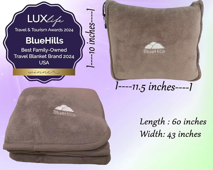 BlueHills Premium Soft Travel Blanket Pillow Airplane Flight Blanket Throw in Soft Bag Pillow case with Luggage Belt & Backpack Clip Compact Pack Large Blanket Taupe T023