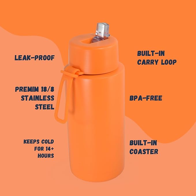 AGH 30oz Water Bottle - Double Wall Vacuum Insulated Stainless Steel Tumbler with Straw - Orange