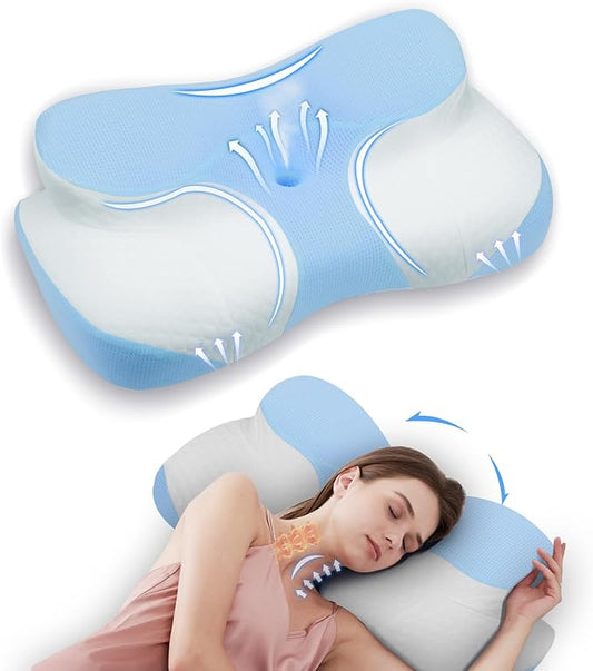 Bed Sleep Contour Memory Foam Pillow, Cervical Pillow for Neck and Shoulder, Ergonomic Neck Support Pillow for Side Back Stomach Sleepers with Pillowcase (Blue)