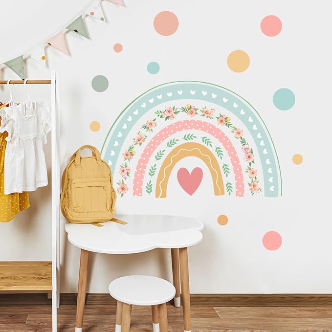 Large Boho Rainbow Wall Decals Boho Polka Dot Flower Rainbow Wall Stickers Peel and Stick Nursery Wallpaper Vinyl Decals for Home Farmhouse Girls Bedroom Decoration