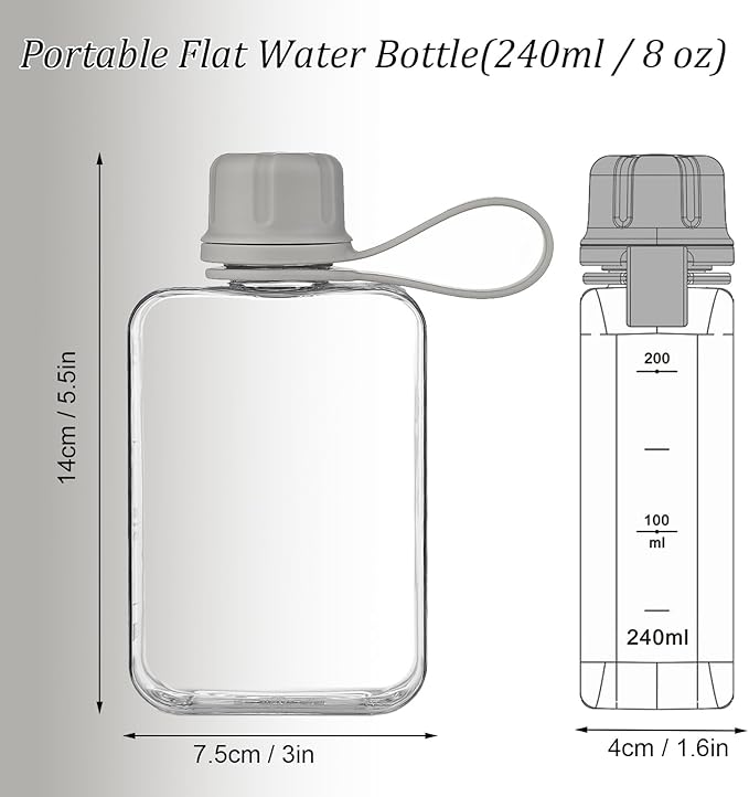 Tritan Transparent Flat Water Bottle samll Water Bottle Slim Square Pocket Bottle Water Flask, BPA Free/Slim Design/Leak Proof Water Bottle for Travel, Outdoor, Sports, Camping (Grey, 240ML)