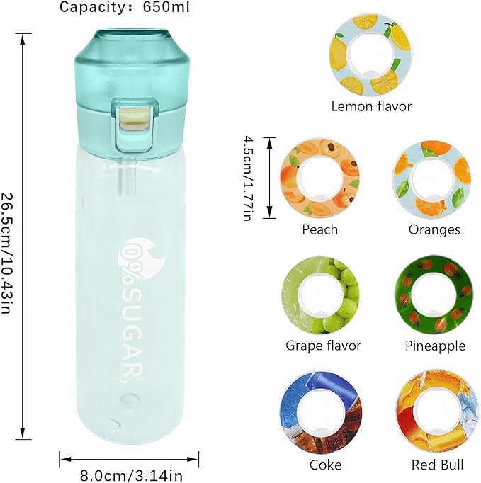 Water Bottle with 7Pcs Air Flavor Pods, Air Bottle Pods Water Bottle, Flavor Caps with Water Bottle, Fruit Scent Pods for Outdoor Sport(Blue-7 Pods)