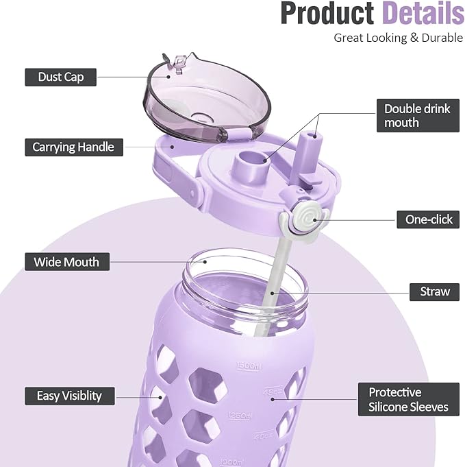 MUKOKO 56oz Glass Water Bottles with Straw and Lid,Motivational Water Jug with Time Marker Reminder and Silicone Sleeve,100% Leakproof BPA Free Fitness Sports Large Bottle-Purple