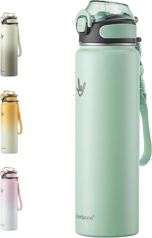 Enerbone Insulated Water Bottle, 32 oz Stainless Steel Water Bottles with Carrying Strap, Double-Wall Vacuum Insulation Thermos, Leakproof Sports Bottle with Straw, Keep Drinks Hot or Cold for Hours