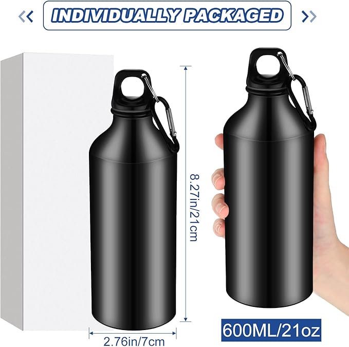 Nuogo 24 Pieces Aluminum Water Bottle 20 oz Lightweight Reusable Water Bottle Bulk Leak Proof Aluminum Water Bottles with Twist Cap and Buckle for Bike Travel Sports Camping (Black)