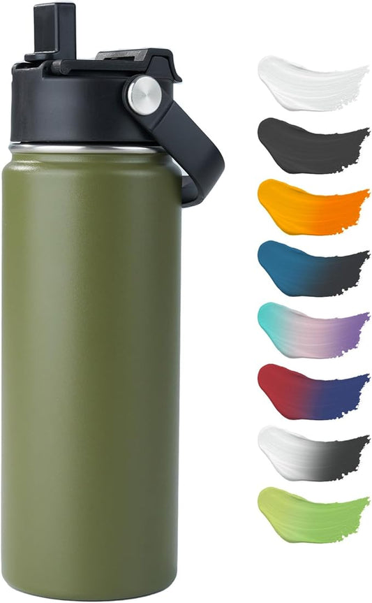 Kerilyn Stainless Steel Insulated Water Bottle, 18oz Double Wall Vacuum Insulated Water Bottle Leak Proof with Silicone Straw, Wide Mouth Lid, BPA Free, Keep Cold and Hot, 18oz, Army Green