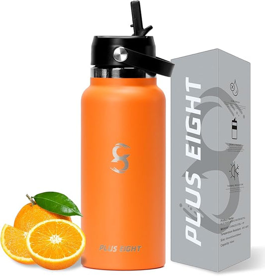 Sports Water Bottle, 32 oz Insulated Water Bottle With Straw, Stainless Steel Water Bottle Wide Mouth for Sports, Gym or Office, BPA-Free Keep Cold 24H Hot 12H (Orange)