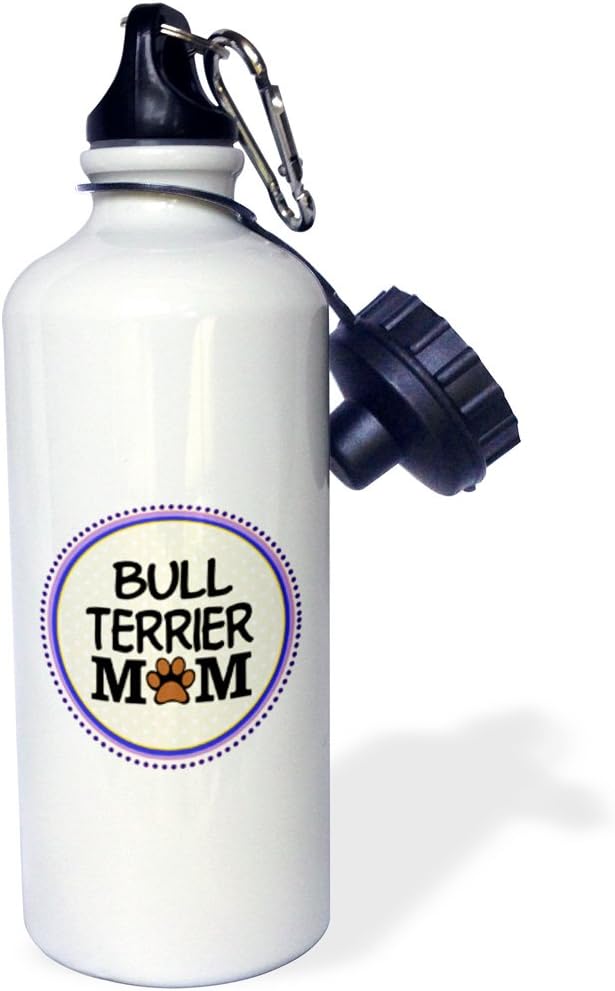 3dRose "Bull Terrier Dog Mom-Doggie mama by breed-paw print mum love-doggy lover-proud pet owner" Sports Water Bottle, 21 oz, White