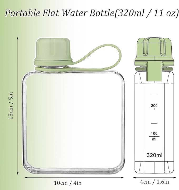 Tritan Transparent Flat Water Bottle samll Water Bottle Slim Square Pocket Bottle Water Flask, BPA Free/Slim Design/Leak Proof Water Bottle for Travel, Outdoor, Sports (Matcha Green, 320ML)