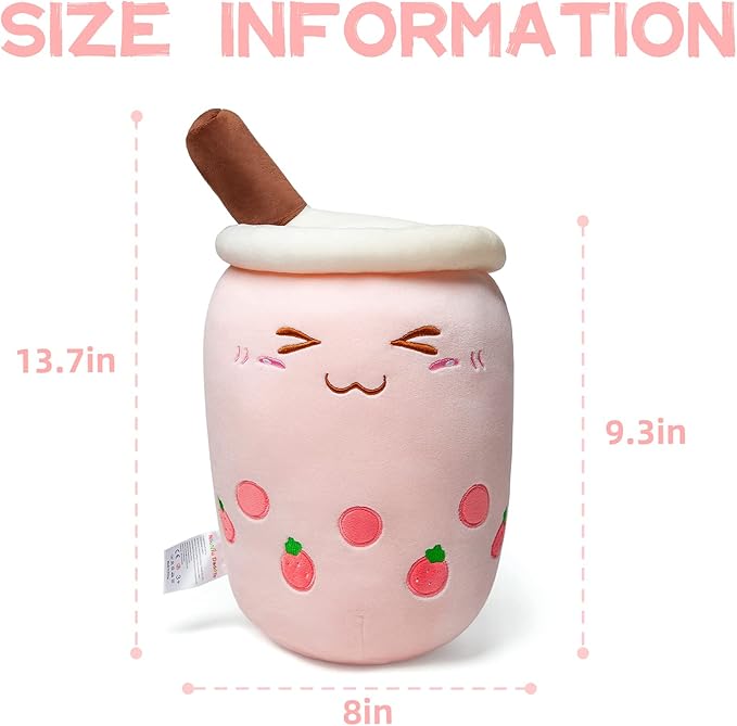 Niuniu Daddy Strawberry Boba Plushies -13.7inch Kawaii Pink Bubble Tea Stuffed Animals- Soft Squishy Milk Tea Plush Cuddle Pillow- Adorable Plushie Food Toys for Kids-Plushies Gift for Easter Basket