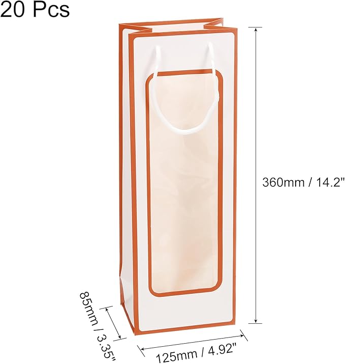 uxcell Wine Bags, 20pcs 4.92"x3.35"x14.2" Wine Gift Bags with Rope Handles, Paper Wine Tote Bag with Clear Window for Wedding Birthday Christmas Party Supplies, White Orange
