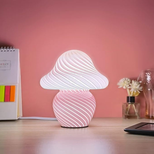 Mushroom Lamp, Small Pink Table Lamp with Striped Glass, Cute Little Swirl Nightstand Lamp for Bedroom, Bedside, Living Room, Gift for Girls Women Birthday Christmas Thanksgiving Day