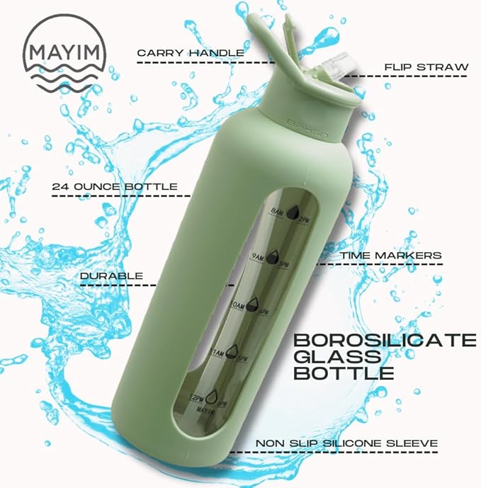 Mayim 24 Oz Glass Tumbler with Straw and Handle, Reusable Motivational Glass Water Bottle with Silicone Sleeve and Time Marker, Leak Proof Borosilicate Water Bottle -Sage