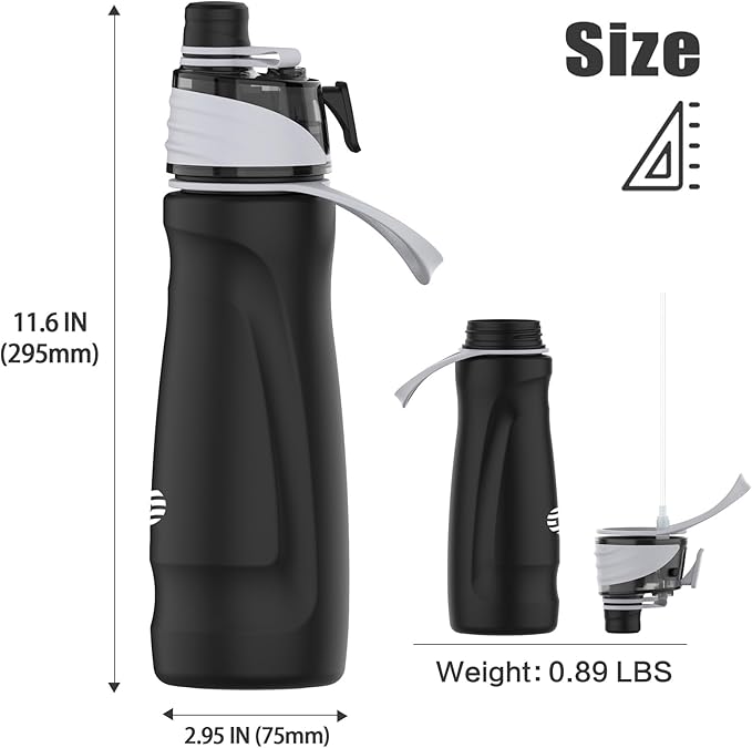 Misting Water Bottle, 24oz Insulated Water Bottle, 2-in-1 Mist & Sip Stainless Steel Water Bottles, Thermo for Hot Drinks/Cold Drinks, Sports Water Bottle for Hiking, Running, Gym, Iron Black
