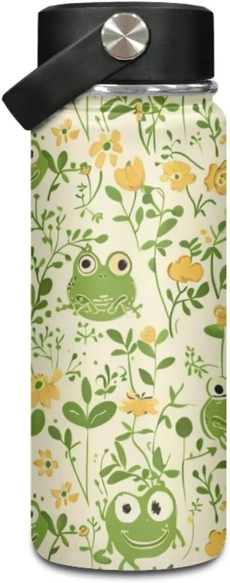 Cute Frog Insulated Water Bottle with Handle 20Oz Stainless Steel Double-Walled Thermos For Cold Drinks For Hot Beverages Vacuum Insulated Reusable Bottle