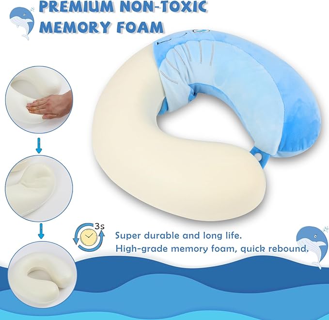 Travel Pillow, Kids Travel Pillow with Sleep Eye Mask Soft Memory Foam Kids Neck Pillow for Boys & Girls, Travel Accessories for Car Airplane Traveling - Whale