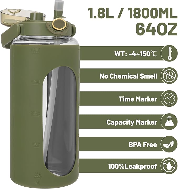 Moretoes 64oz Glass Water Bottle with Straw, Motivational Glass Bottle with Time Marker and Silicone Sleeve, Reusable Large Sports Water Jug for Outdoor Family Exercise (Olive Green)