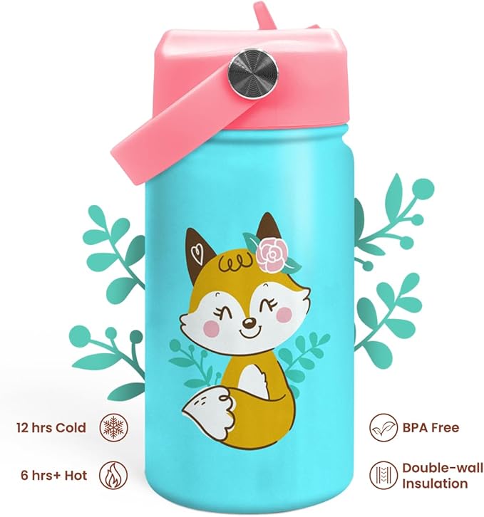 Fox Water Bottle - Kids Water Bottle with Straw Lid - 12 Oz Insulated Stainless Steel Water Bottles for Toddlers Kid Girl - Travel Cup for School Sports