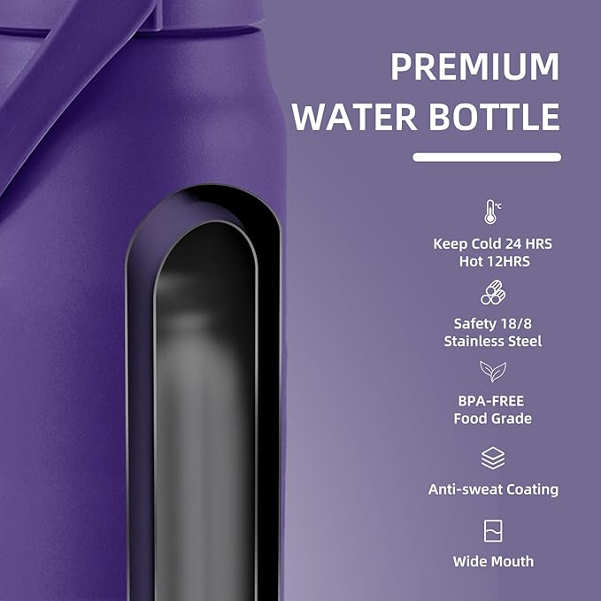 ColorSub 50oz Insulated Water Bottle With 2-in-1 Straw and Chug Leakproof Lid, BPA Free Stainless Steel Wide Mouth Sports Water Cup Flask Purple