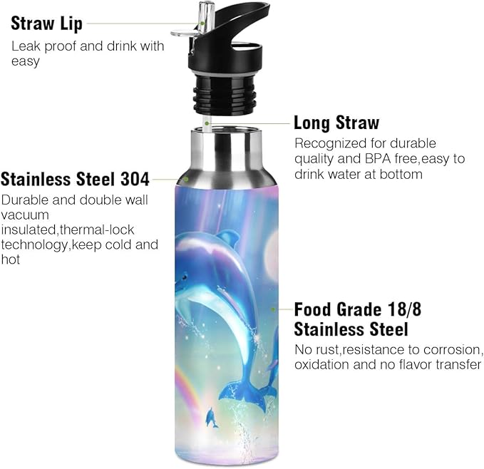 22 OZ Lovely Dolphins Water Bottle with Straw - BPA Free Leakproof Stainless Steel Water Bottle for Women Men Water Jug for Fitness Gym Outdoor Sport