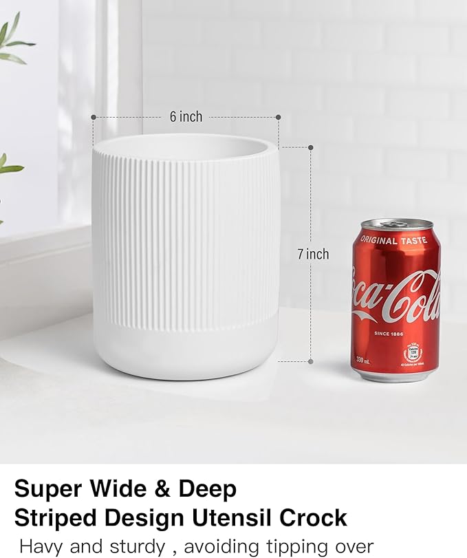 Instant Dry Stone Utensil Holder for Kitchen Counter, H7" Large Diatomite Kitchen Utensil Holder for Countertop, Cooking Utensil Crock with Water Absorbent, Farmhouse Kitchen Counter Decor,White