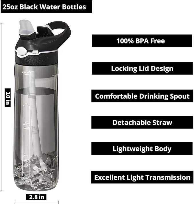 25oz Water Bottle with Clip Handle, Water Bottles with Locking Lid, Travel Plastic Water Bottle,Water Bottle with Straw, and Sports Tritan water bottle - Black