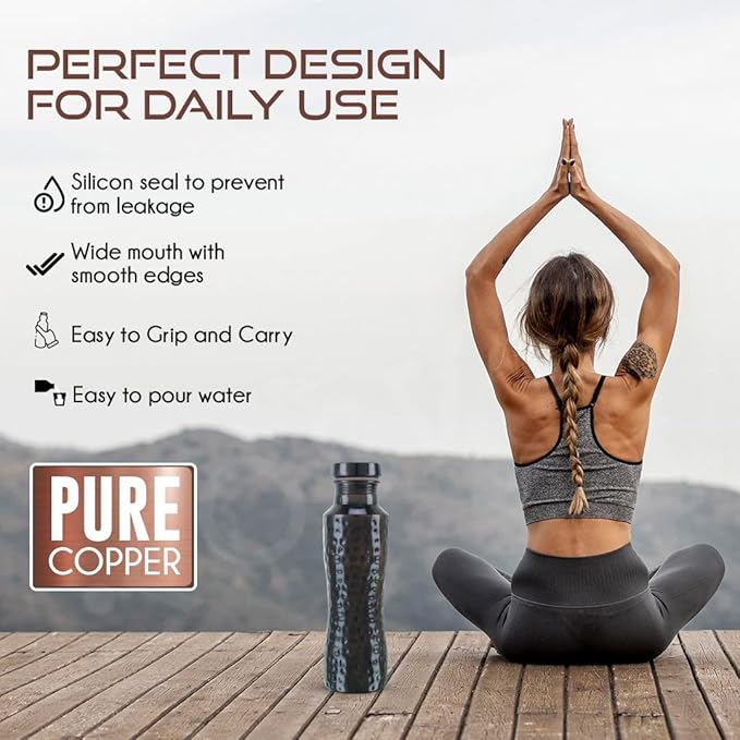 Pure Copper Jasmine Antique Hammered Water Bottle: A Premium Design Bottle with Ayurvedic Health Benefits, Leak Proof and Durable Copper Water Bottle for drinking (800ml / 27oz)