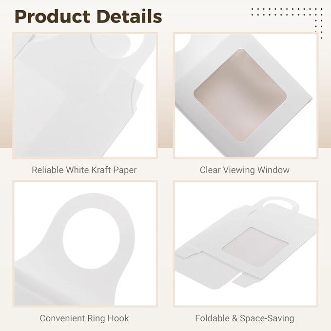 Tideme 50 PCS Wine Bottle Boxes, White Kraft Paper Wine Gift Boxes, Hanging Foldable Wine Bottle Box with Clear Window, Empty Wine Bottle Hanger Favor Box for Chocolates, Candies, Cookies