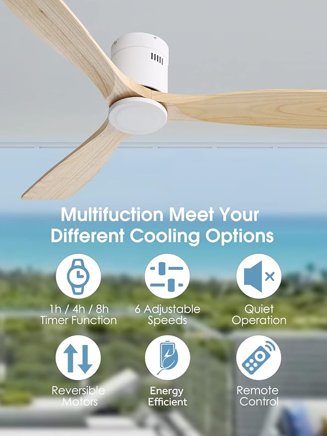 Sofucor 52'' Flush Mount Ceiling Fan without Light, Indoor Outdoor Mordern Wood Low Profile Ceiling Fan with Remote Control, Reversible Quiet DC Motor, 6 Speed, for Farmhouse Bedroom Patio Porch
