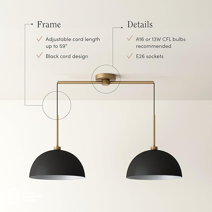 Nathan James Percy Modern 2-Light Pendant Island Light Fixture, Hanging Lights with Metal Shade and Adjustable Cord, for Kitchen, Living Room, Black/Vintage Brass