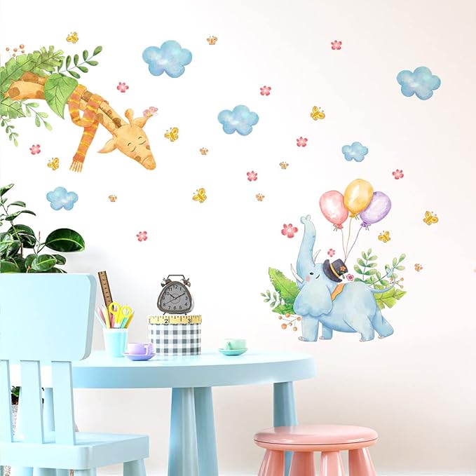 Cartoon Animal Wall Decals - Blue Elephant & Brown Giraffe with Balloons - 90x30cm Peel & Stick Design