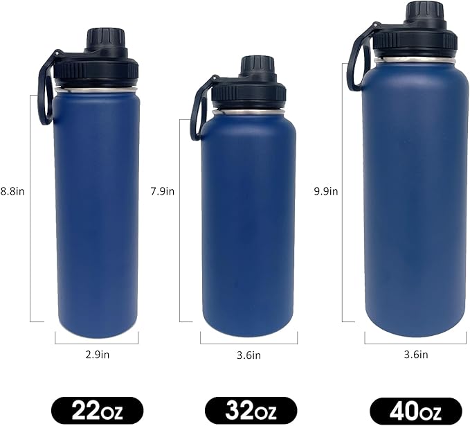 4pack 22 oz Insulated Water Bottle With Straw, Stainless Steel Sports Water Cup Flask with 2 Lids, Wide Mouth Travel Thermal Mug,Navy