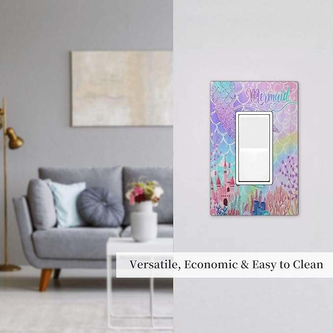 Silvery Glitter Cute Mermaid Tail Fantasy Castle 1 Gang Rocker Light Switch Covers Single Decora Outlet Wall Plate Decorative Switchplate Faceplate GFCI for Kidroom Nursery Bedroom Kitchen Decor