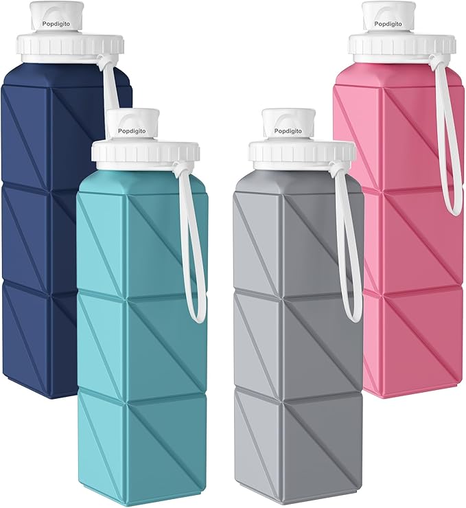 Collapsible Water Bottles 20.7oz Leakproof with Straw Lid Food-Grade BPA-Free Silicone Travel Foldable Water Bottles for Sports Office Gym Hiking Driving 610ML (Pink+Nave Blue+Green+Grey)