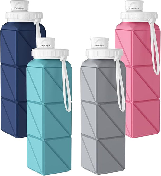 Collapsible Water Bottles 20.7oz Leakproof with Straw Lid Food-Grade BPA-Free Silicone Travel Foldable Water Bottles for Sports Office Gym Hiking Driving 610ML (Pink+Nave Blue+Green+Grey)