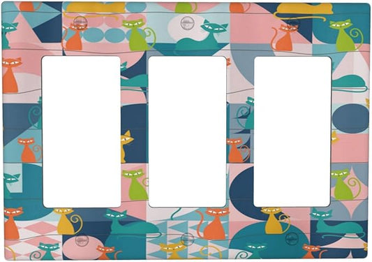 Mid Century Modern Atomic Cute Cats 3 Gang Rocker Light Switch Covers Triple Outlet Wall Plate Decorative Switchplate Cover Faceplate GFCI for Kidroom Nursery Bedroom Decor