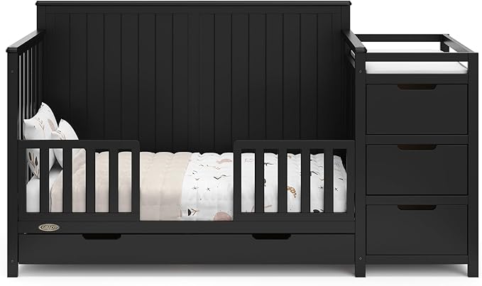 Graco Hadley 5-in-1 Convertible Crib and Changer with Drawer (Black) – GREENGUARD Gold Certified, Crib and Changing Table Combo with Drawer, includes Baby Changing Pad, Converts to Full-Size Bed