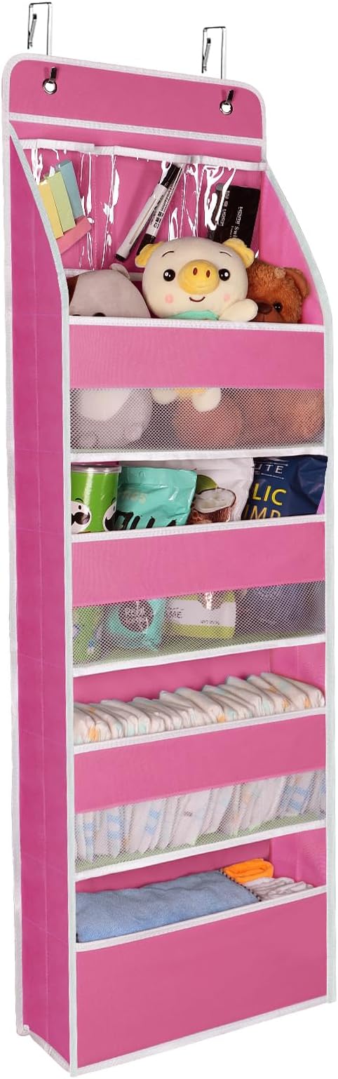 Univivi Door Hanging Organizer Nursery Over the Door Organizer Baby Storage with 4 Large Pockets and 3 Small PVC Pockets for Cosmetics, Toys and Sundries (Pink)
