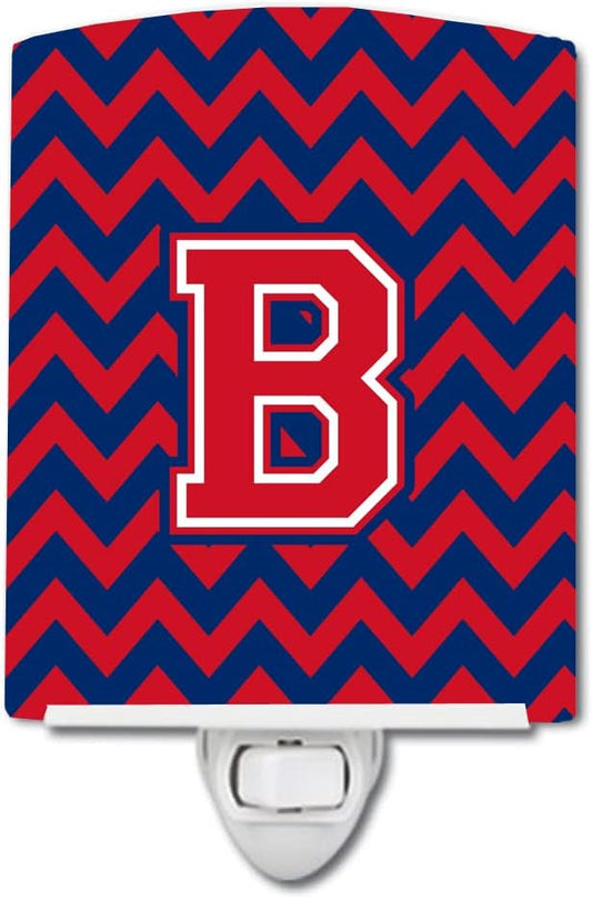 Caroline's Treasures CJ1054-BCNL Letter B Chevron Yale Blue and Crimson Ceramic Night Light Compact, UL-Certified, Ideal for Bedroom, Bathroom, Nursery, Hallway, Kitchen, 6x4x3, Multicolor