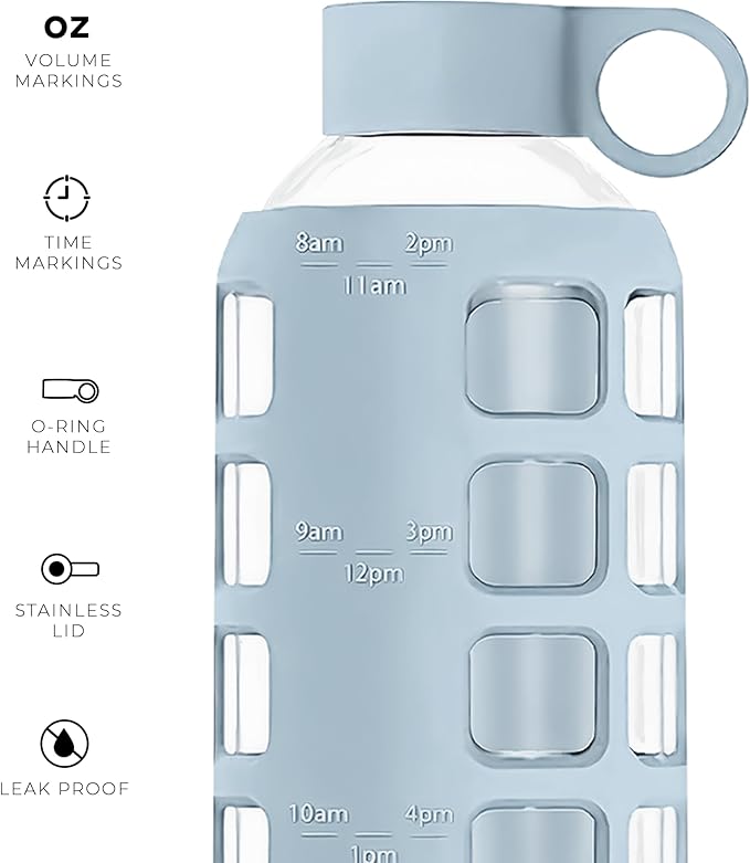 purifyou Premium 40/32 / 22/12 oz Glass Water Bottles with Volume & Times to Drink, Silicone Sleeve & Stainless Steel Lid Insert, Reusable Bottle for Fridge Water, Milk, Juice (22oz Ice Blue)