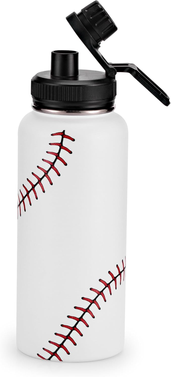 Cutiset 32 oz Baseball Water Bottle with Lids, Stainless Steel Leak Proof Sports Water Flask, Vacuum Metal Water Bottle,Baseball Line Design